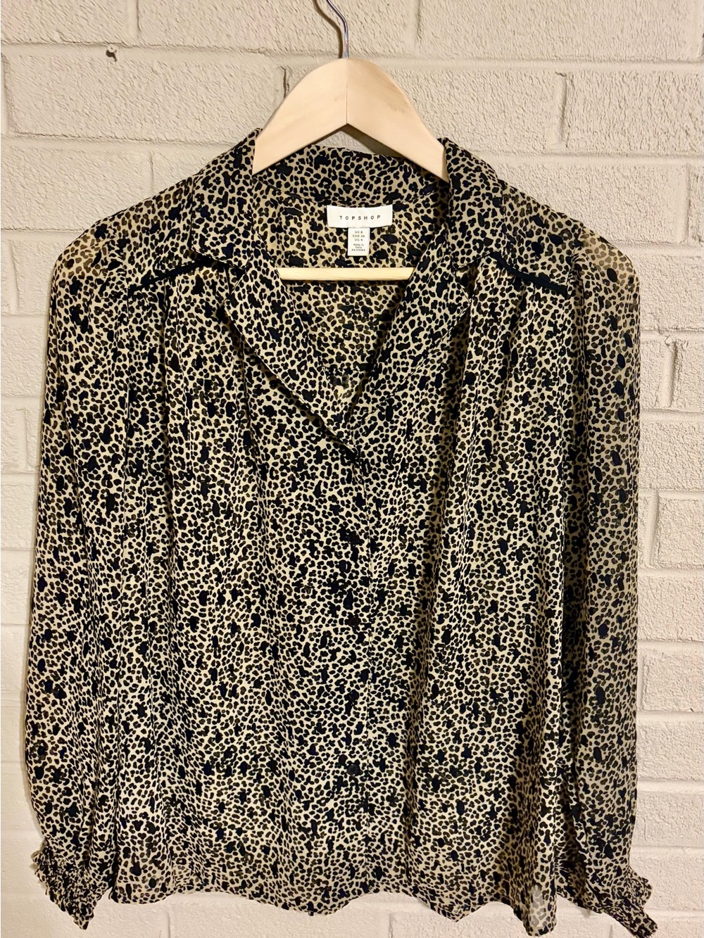 Topshop Leopard Print Chiffon Blouse - Long Sleeve, Smocked Wrists